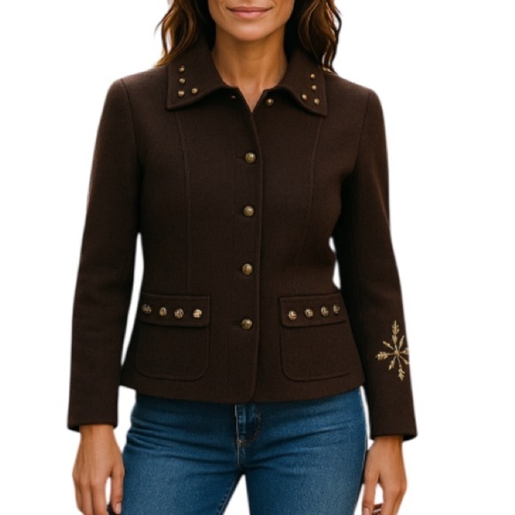 VINTAGE Mat Collection Brown Wool Jacket Blazer Embellished Grandma Size Small - Picture 1 of 14